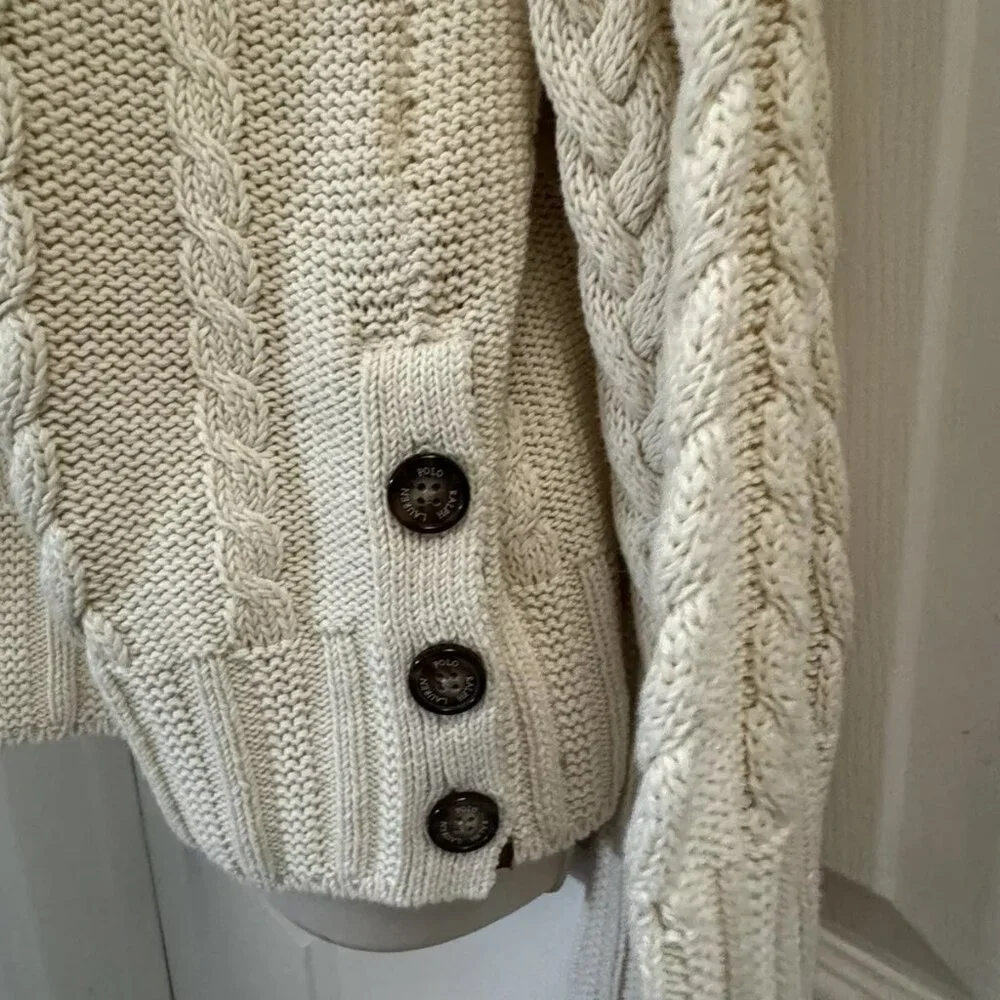 NWT Polo Ralph Lauren Cream 100% Cotton Cable Knit Leather Trim Button Sweater M - Picture 4 of 10